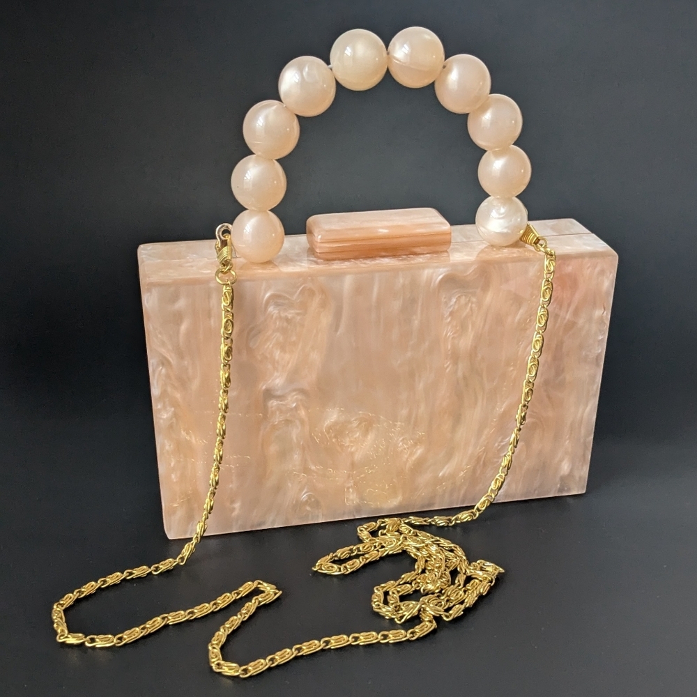 Stunning Mini Orange Acrylic Clutch Bag. Mother Pearl Effect &  beaded handle
